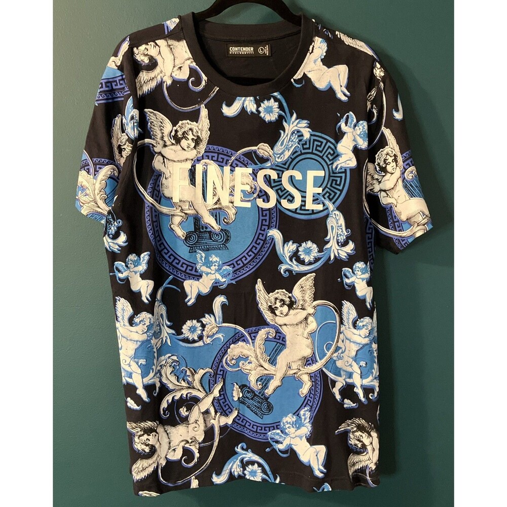 CONTENDER FINESSE T-SHIRT ADULT LARGE BLUE & WHITE CHERUB COLUMNS ALL OVER PRINT